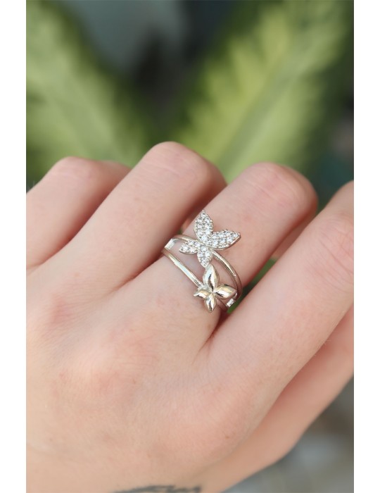 Pirinç Gümüş Renk Ayarlanabilir Zirkon Taşlı Yüzük - TJ-BYK3189