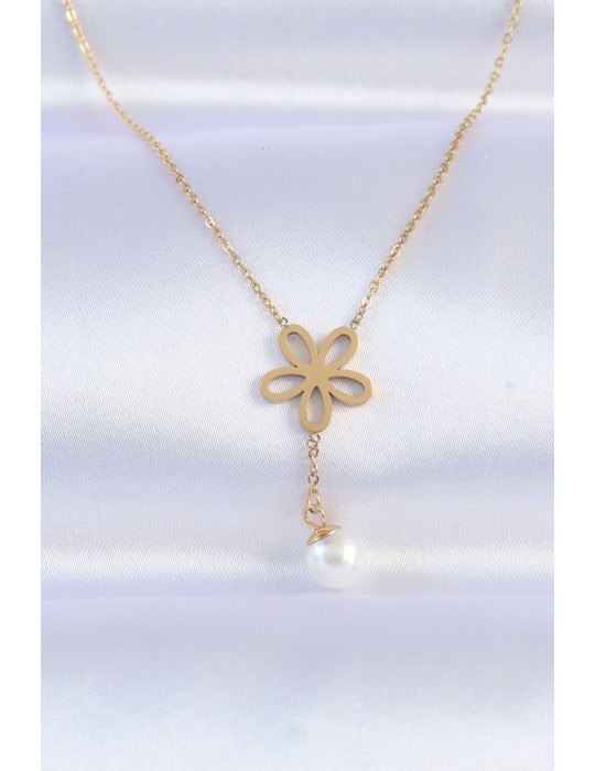 316L Çelik Zincir Gold Renk İnci Detay Çiçek Kolye - TJ-BKO8730