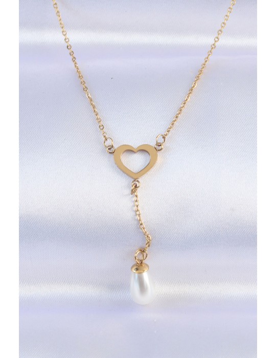 316L Çelik Zincir Gold Renk İnci Taş Detay Kalp Kolye - TJ-BKO8731