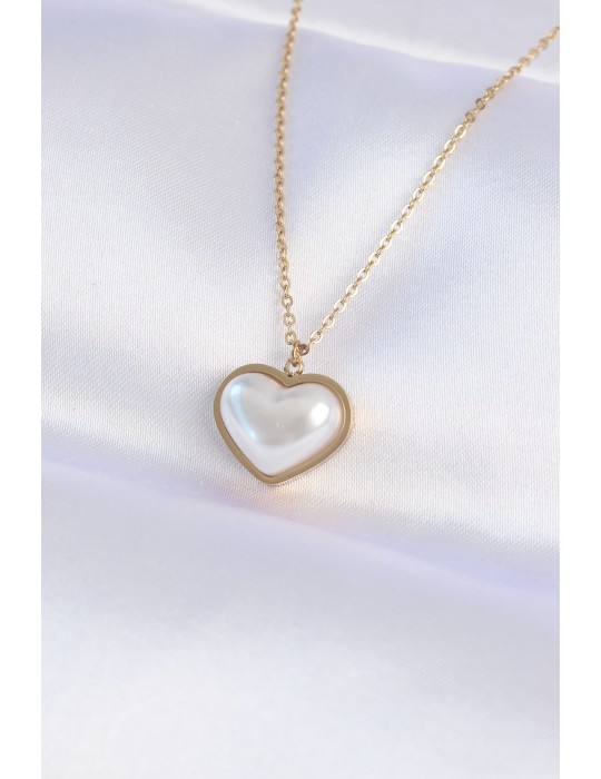 316L Çelik Zincir Gold Renk Beyaz Taşlı Bubble Kalp Kolye - TJ-BKO8737