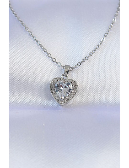 316L Çelik Zincir Gümüş Renk Zirkon Taşlı Charm Kalp Kolye - TJ-BKO8744