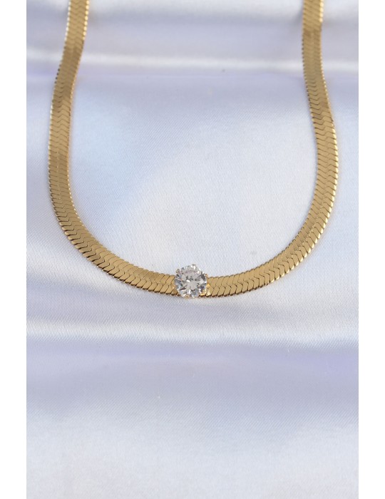 316L Çelik Gold Renk Tek Zirkon Taşlı İtalyan Zincir Kolye - TJ-BKO8747