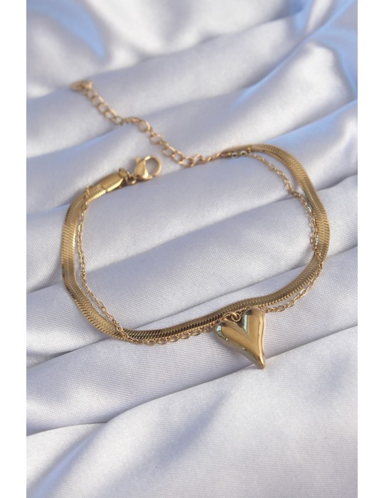 316L Çelik Gold Renk İtalyan Zincirli Kalp Model Bileklik - TJ-BB6099