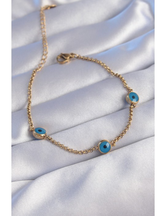 316L Çelik Gold Renk Nazar Boncuk Tasarımlı Bileklik - TJ-BB6100