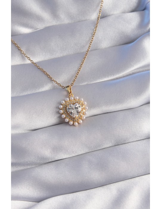 316L Çelik Zincir Gold Renk İncili Zirkon Taşlı Kalp Tasarımlı Kolye - TJ-BKO8762