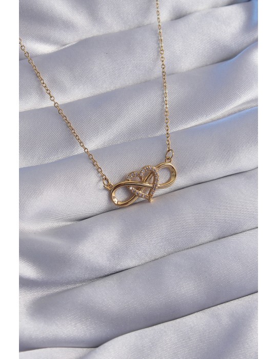 316L Çelik Zincir Gold Renk Zirkon Taşlı Kalp Model Sonsuzluk Kolye - TJ-BKO8768