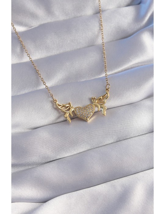 316L Çelik Zincir Gold Renk Zirkon Taşlı Kalp Model Detay Kolye - TJ-BKO8773