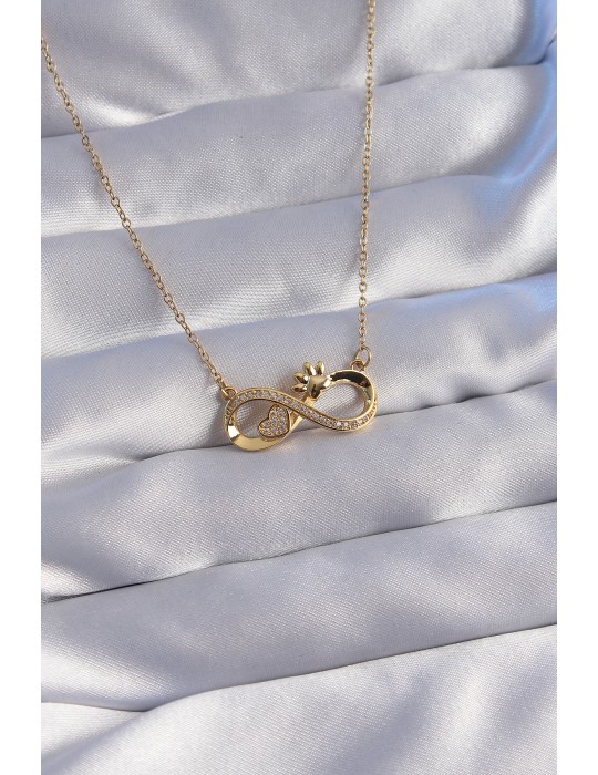 316L Çelik Zincir Gold Renk Zirkon Taşlı Pati ve Kalp Detaylı Sonsuzluk Kolye - TJ-BKO8780