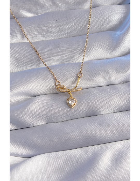 316L Çelik Zincir Gold Renk Zirkon Taşlı Yarım Fiyonk Kalp Kolye - TJ-BKO8789