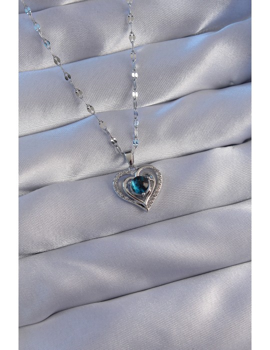 316L Çelik Zincir Gümüş Renk Zirkon Taşlı Kalp Figürlü Gezegen Kolye - TJ-BKO8825