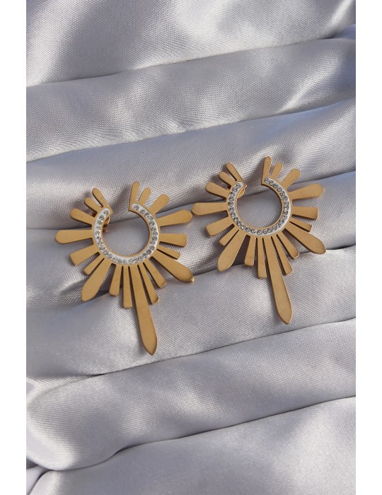 316L Çelik Gold Renk Zirkon Taşlı Güneş Figürlü Küpe - TJ-BKP9063