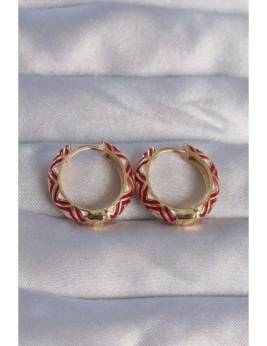 Pirinç Gold Renk Kırmızı Etnik Desenli Halka Küpe - TJ-BKP9074