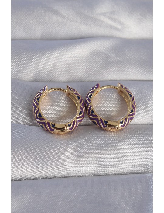 Pirinç Gold Renk Mor Etnik Desenli Halka Küpe - TJ-BKP9076