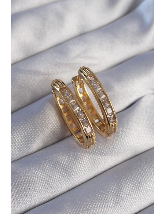 Pirinç Gold Renk Zirkon Taşlı Oval Model Küpe - TJ-BKP9079