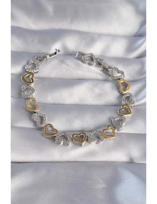 Vip Seri Pirinç Çift Renkli Zirkon Taşlı İçi Boş Kalp Tasarımlı Bileklik - TJ-BB6124