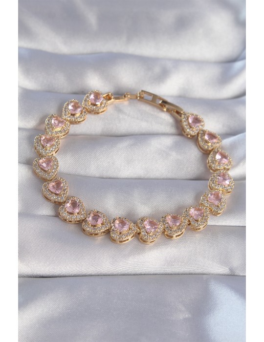 Vip Seri Pirinç Gold Renk Pembe Zirkon Taşlı Kalp Tasarımlı Bileklik - TJ-BB6127