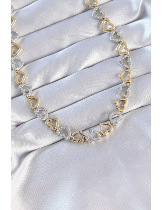 Vip Seri Pirinç Çift Renk Zirkon Taşlı İçi Boş Kalp Tasarımlı Kolye - TJ-BKO8870