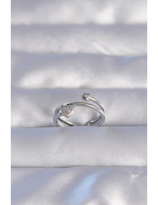 Pirinç Gümüş Renk Zirkon Taşlı Kalpli Model Ayarlanabilir Yüzük - TJ-BYK3202