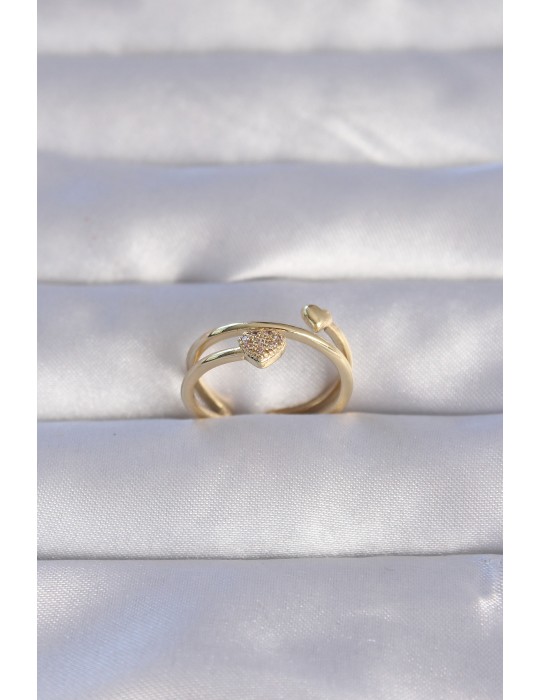 Pirinç Gold Renk Zirkon Taşlı Kalpli Model Ayarlanabilir Yüzük - TJ-BYK3203