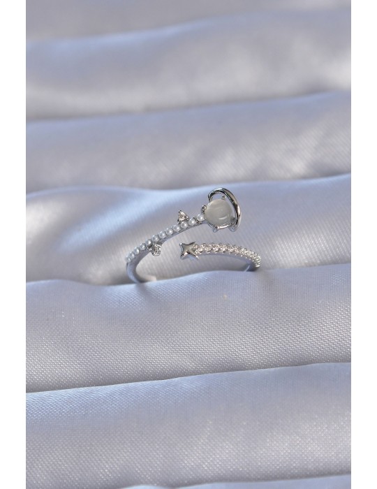 Pirinç Gümüş Renk Zirkon Taşlı İncili Satürn Model Ayarlanabilir Yüzük - TJ-BYK3222