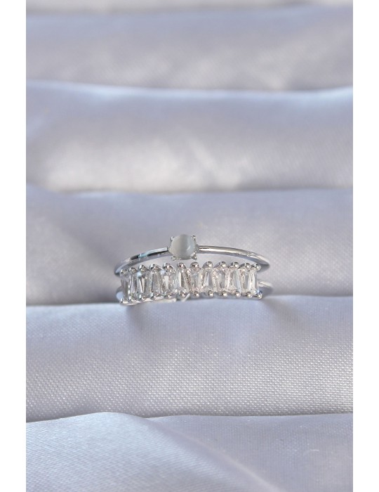 Pirinç Gümüş Renk Zirkon Taşlı Baget Su Yolu Model Ayarlanabilir Yüzük - TJ-BYK3228