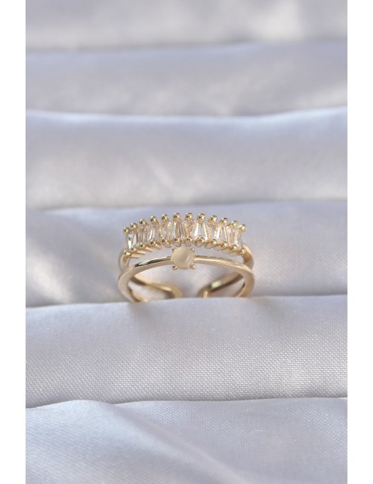 Pirinç Gold Renk Zirkon Taşlı Baget Su Yolu Model Ayarlanabilir Yüzük - TJ-BYK3229