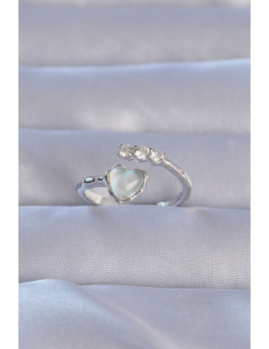 Pirinç Gümüş Renk Zirkon Taşlı Sedefli Kalp Model Ayarlanabilir Yüzük - TJ-BYK3232