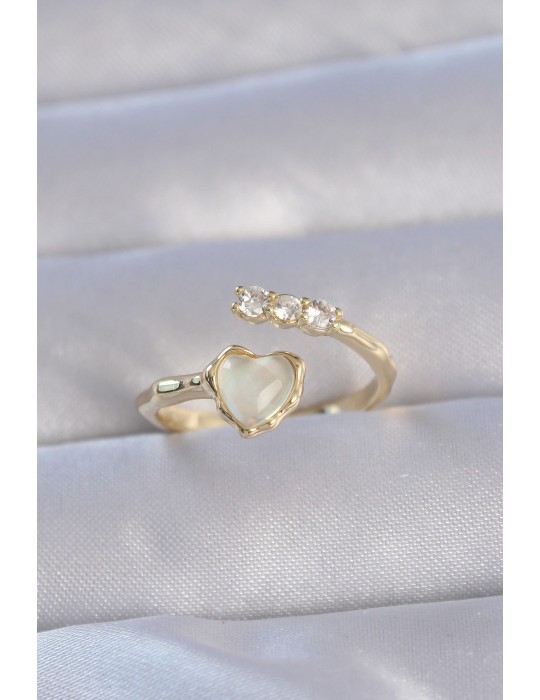 Pirinç Gold Renk Zirkon Taşlı Sedefli Kalp Model Ayarlanabilir Yüzük - TJ-BYK3233