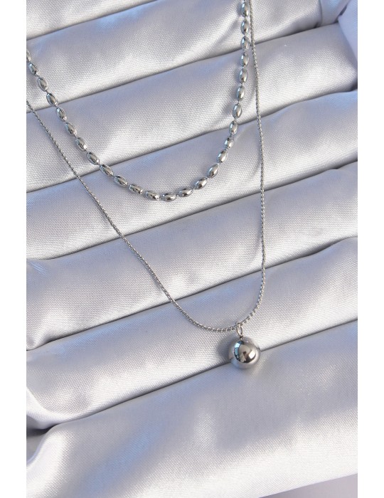 316L Çelik Çift Zincirli Gümüş Renk Topçuk Model Kolye - TJ-BKO8881