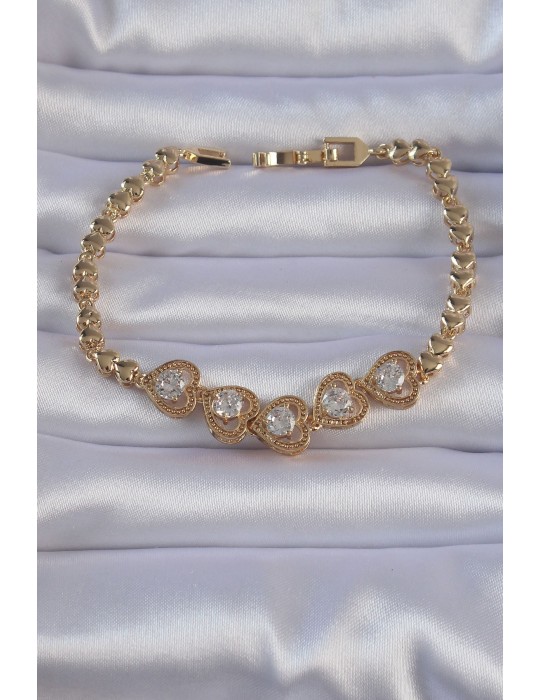 Pirinç Gold Renk İçi Zirkon Taşlı Kalp Figürlü Bileklik - TJ-BB6140