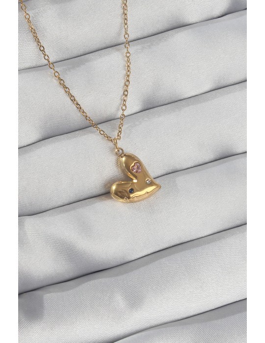 316L Çelik Zincir Gold Renk Renkli Zirkon Taşlı Kalp Kolye - TJ-BKO8905