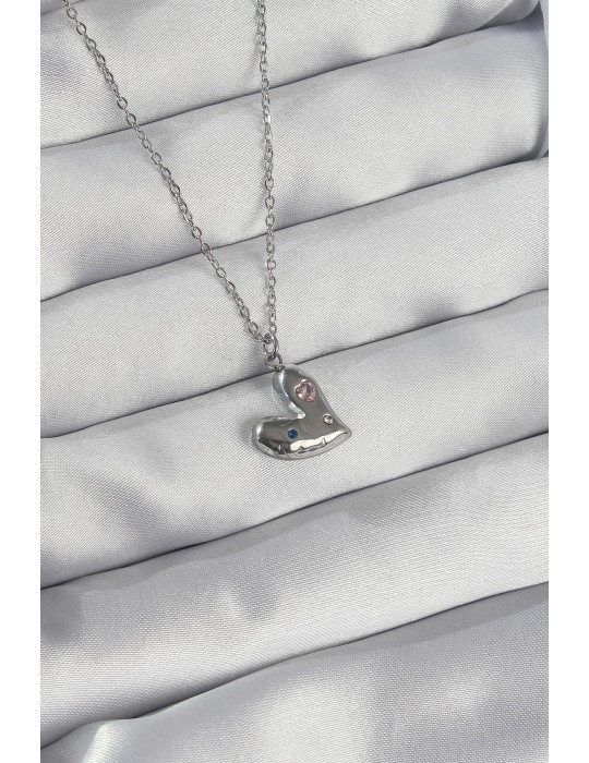 316L Çelik Zincir Gümüş Renk Renkli Zirkon Taşlı Kalp Kolye - TJ-BKO8906