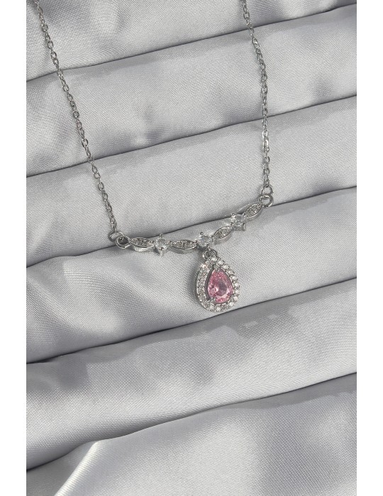 316L Çelik Gümüş Renk Pembe Zirkon Taşlı Damla Kolye - TJ-BKO8919