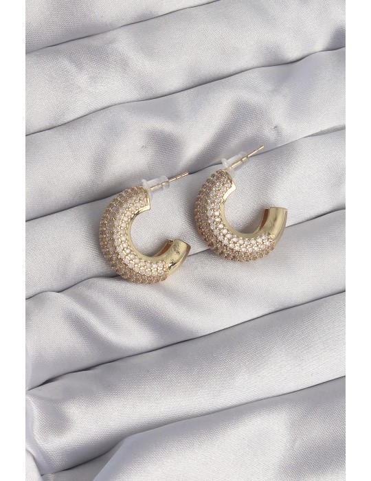 Pirinç Gold Renk Zirkon Taşlı Yarım Halka Küpe - TJ-BKP9113