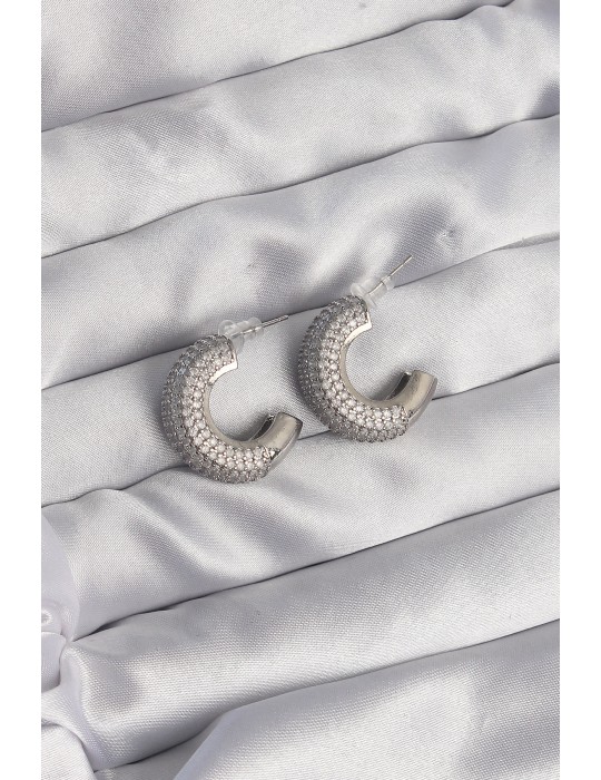 Pirinç Gümüş Renk Zirkon Taşlı Yarım Halka Küpe - TJ-BKP9114