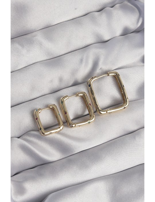 Pirinç Gold Renk Renkli Zirkon Taşlı Kare Model Küpe Seti - TJ-BKP9116