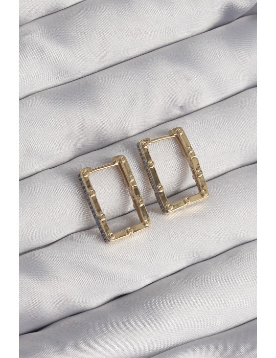 Pirinç Gold Renk Zirkon Taşlı Dikdörtgen Model Seranay Küpe - TJ-BKP9117