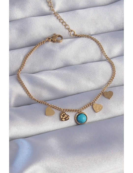 316L Çelik Gold Renk Minimal Kalpli Mavi Taş Detaylı Bileklik - TJ-BB6178