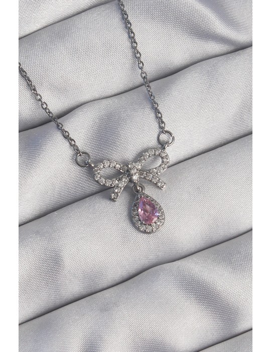 316L Çelik Gümüş Renk Fiyonk Detay Pembe Zirkon Taşlı Damla Kolye - TJ-BKO8921