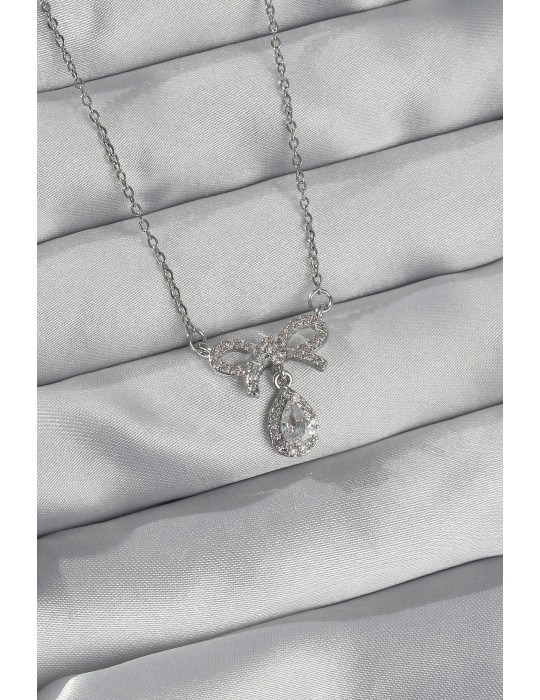 316L Çelik Gümüş Renk Zirkon Taşlı Fiyonk Detay Damla Kolye - TJ-BKO8922