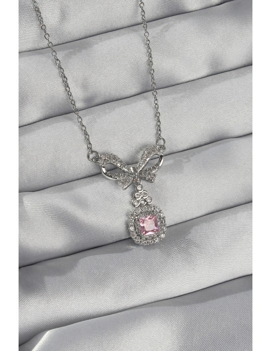 316L Çelik Gümüş Renk Fiyonk Detay Pembe Zirkon Taşlı Tektaş Kolye - TJ-BKO8923