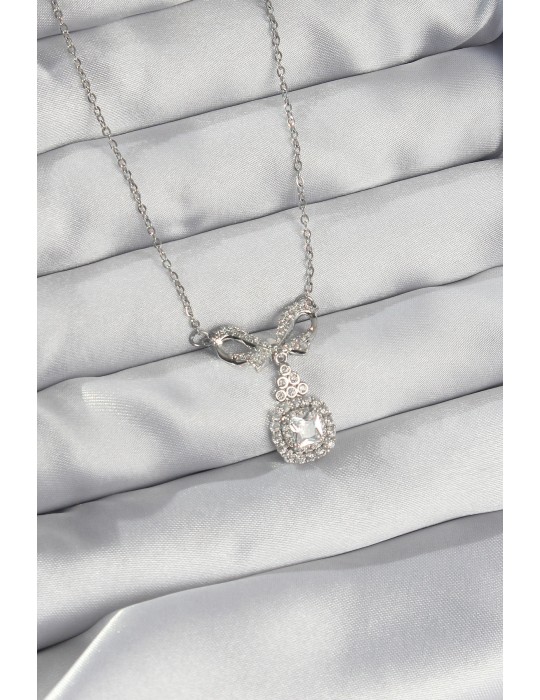 316L Çelik Gümüş Renk Fiyonk Detay Zirkon Taşlı Tektaş Kolye - TJ-BKO8924