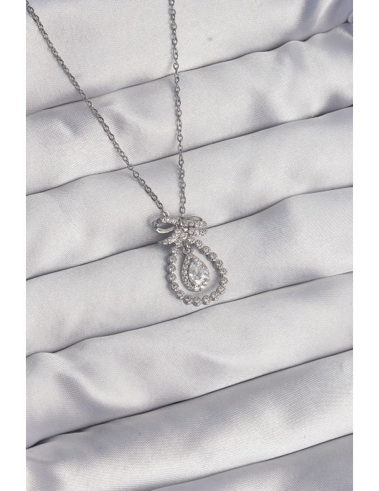 316L Çelik Gümüş Renk Fiyonk Detaylı Zirkon Taşlı Damla Model Kolye - TJ-BKO8930