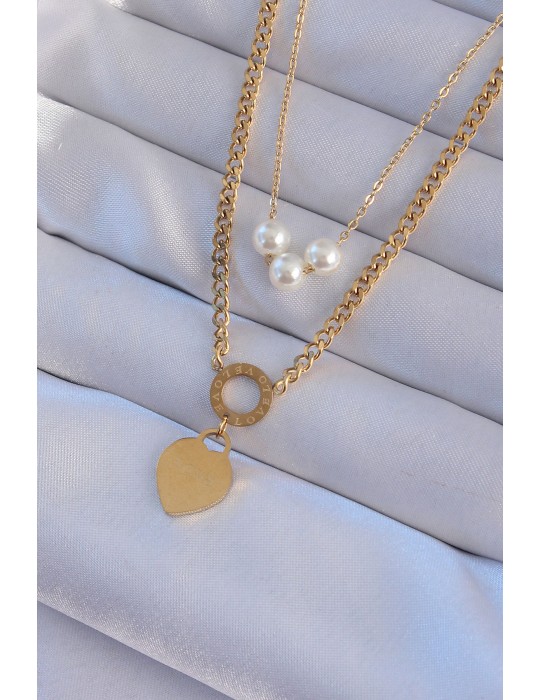 316L Çelik Gold Renk Çift Zincir İnci Detayı Love Kalp Kolye - TJ-BKO8939