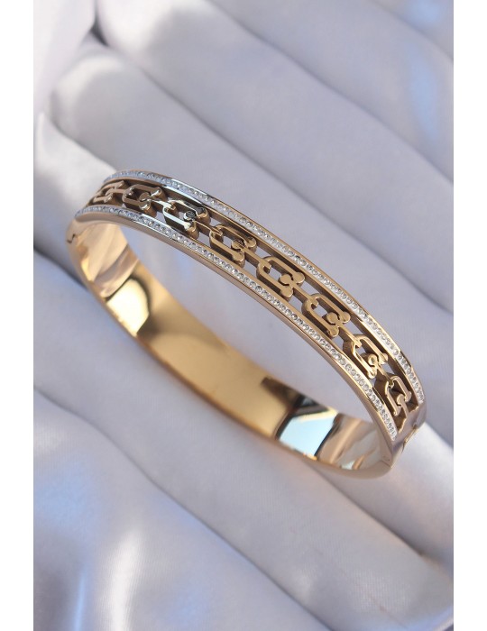 316L Çelik Gold Renk Zirkon Taşlı Model Kelepçe - TJ-BB6188