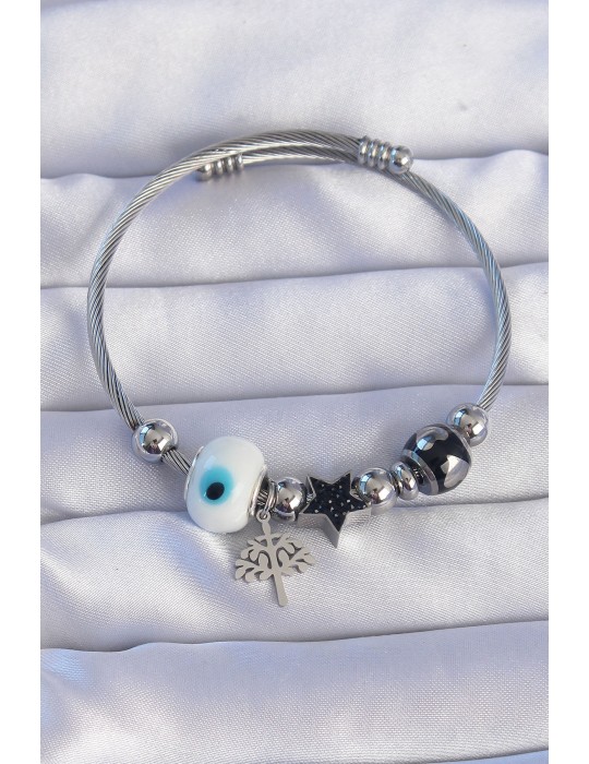 316L Çelik Gümüş Renk Siyah Zirkon Taşlı Yıldız Tasarımlı Ağaç Detay Nazarlı Charm Bileklik - TJ-BB6198