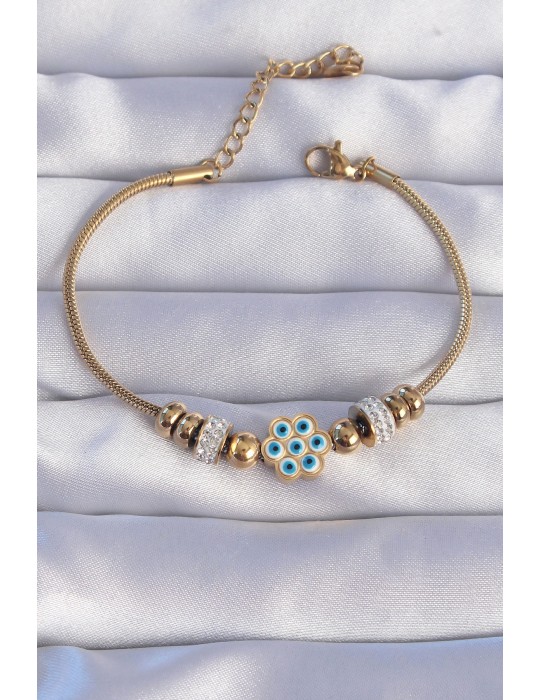 316L Çelik Gold Renk Zirkon Taşlı Nazarlı Çiçek Tasarımlı Bileklik - TJ-BB6201