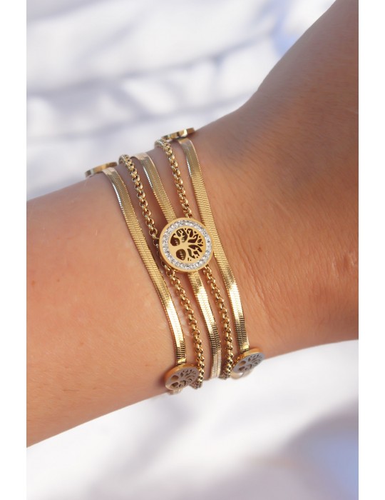 316L Çelik Gold Renk İtalyan Zincir Detaylı Zirkon Taşlı Yaşam Ağacı Tasarımlı Çoklu Bileklik - TJ-BB6205