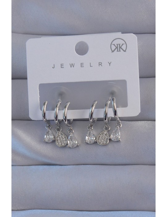 Pirinç Gümüş Renk Zirkon Taşlı Damla Model Çoklu Görünüm Yarım Halka Küpe - TJ-BKP9141