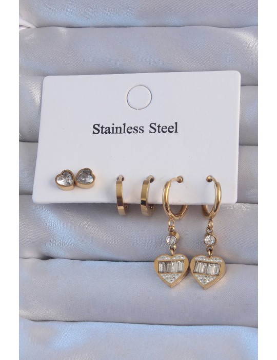 316L Çelik Gold Renk Zirkon Taşlı Kalp Model Halka Küpe Seti - TJ-BKP9151